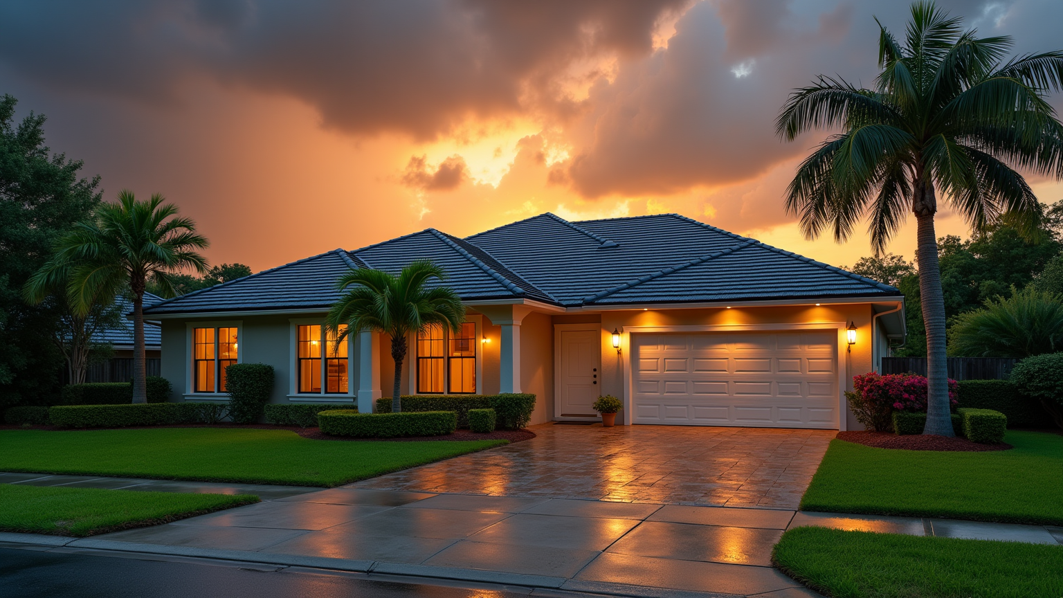 A Brandon, FL home with a freshly installed architectural shingle roof under a dramatic post-storm sky
