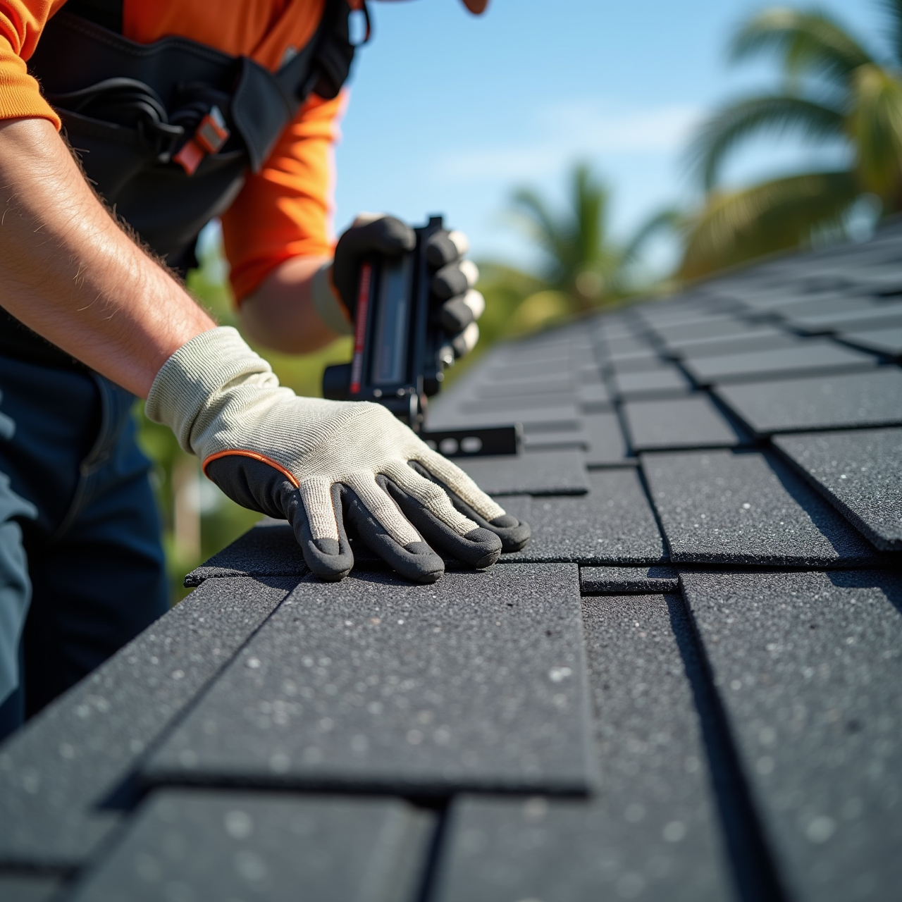 Close-up of a roofer installing architectural asphalt shingles